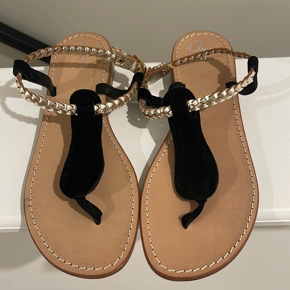 Aqua Black & Gold D109 Suede Leather Thong Flat Sandals Regular (M, B)